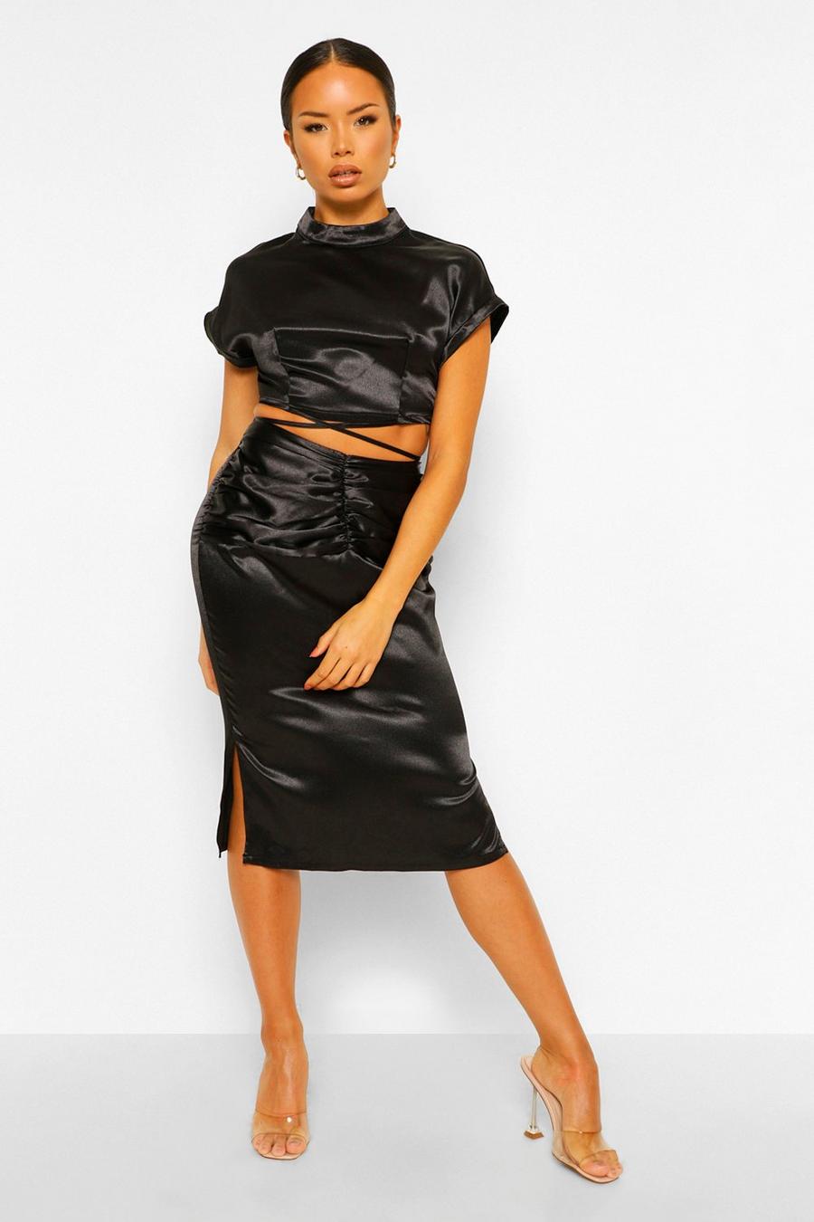 Black Satin Strap Top & Ruched Skirt Co-ord Set image number 1