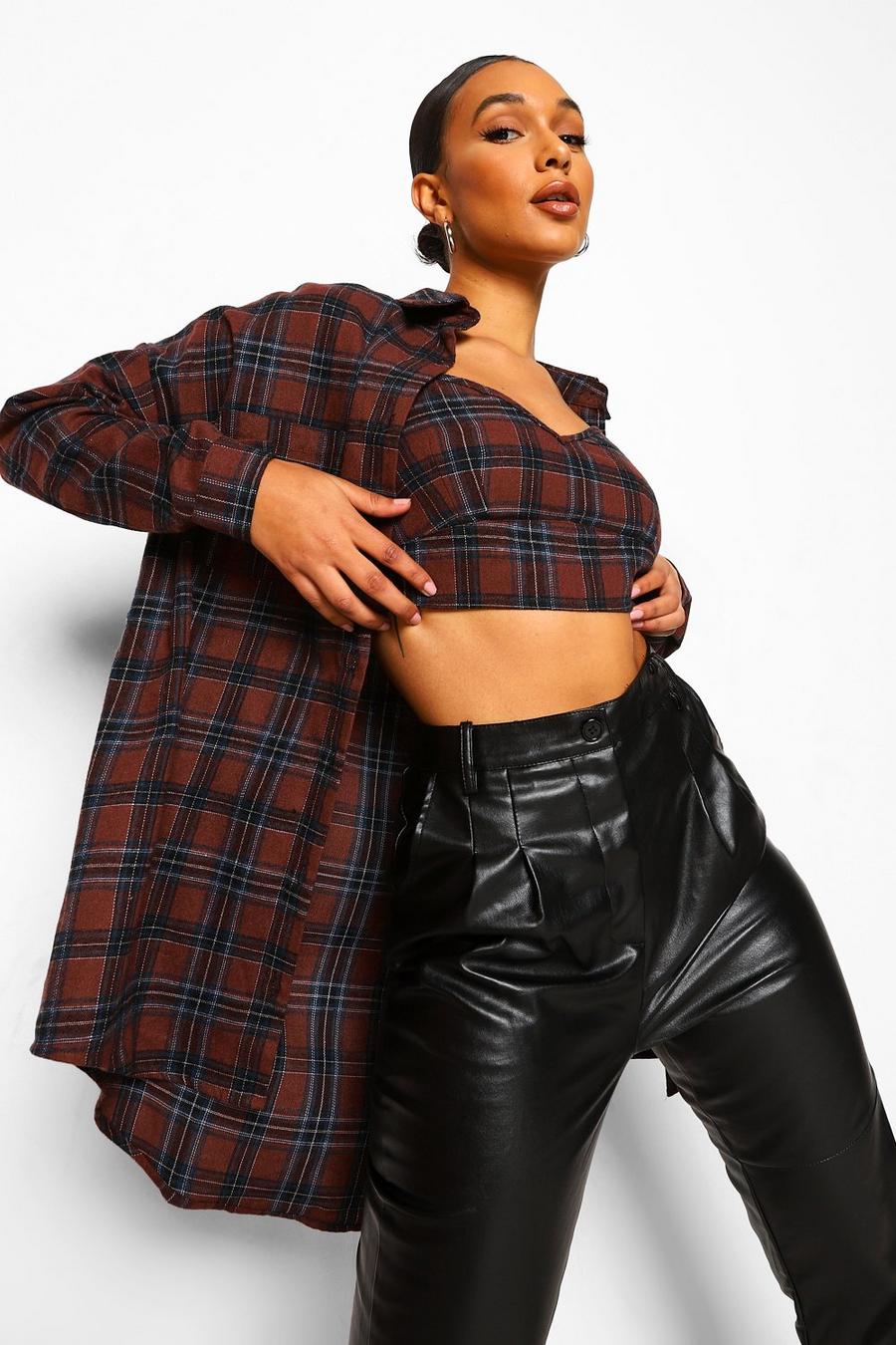 Berry red Check Bralet And Check Frayed Hem Shirt Set image number 1
