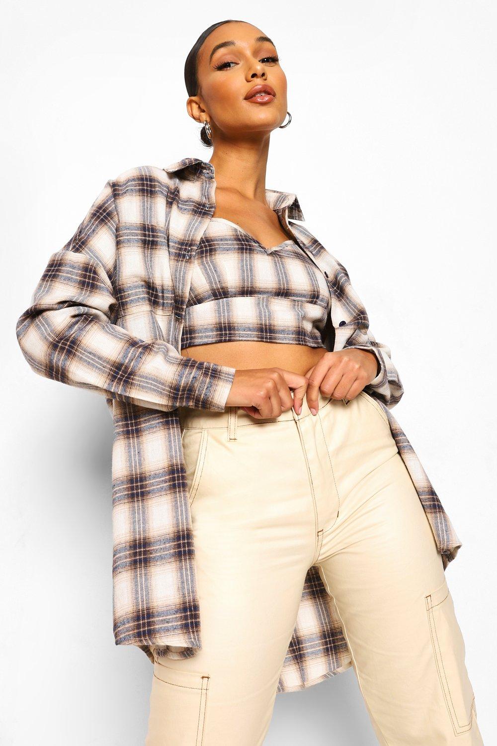 Navy Flannel Bralet And Oversized Flannel Shirt Set | boohoo