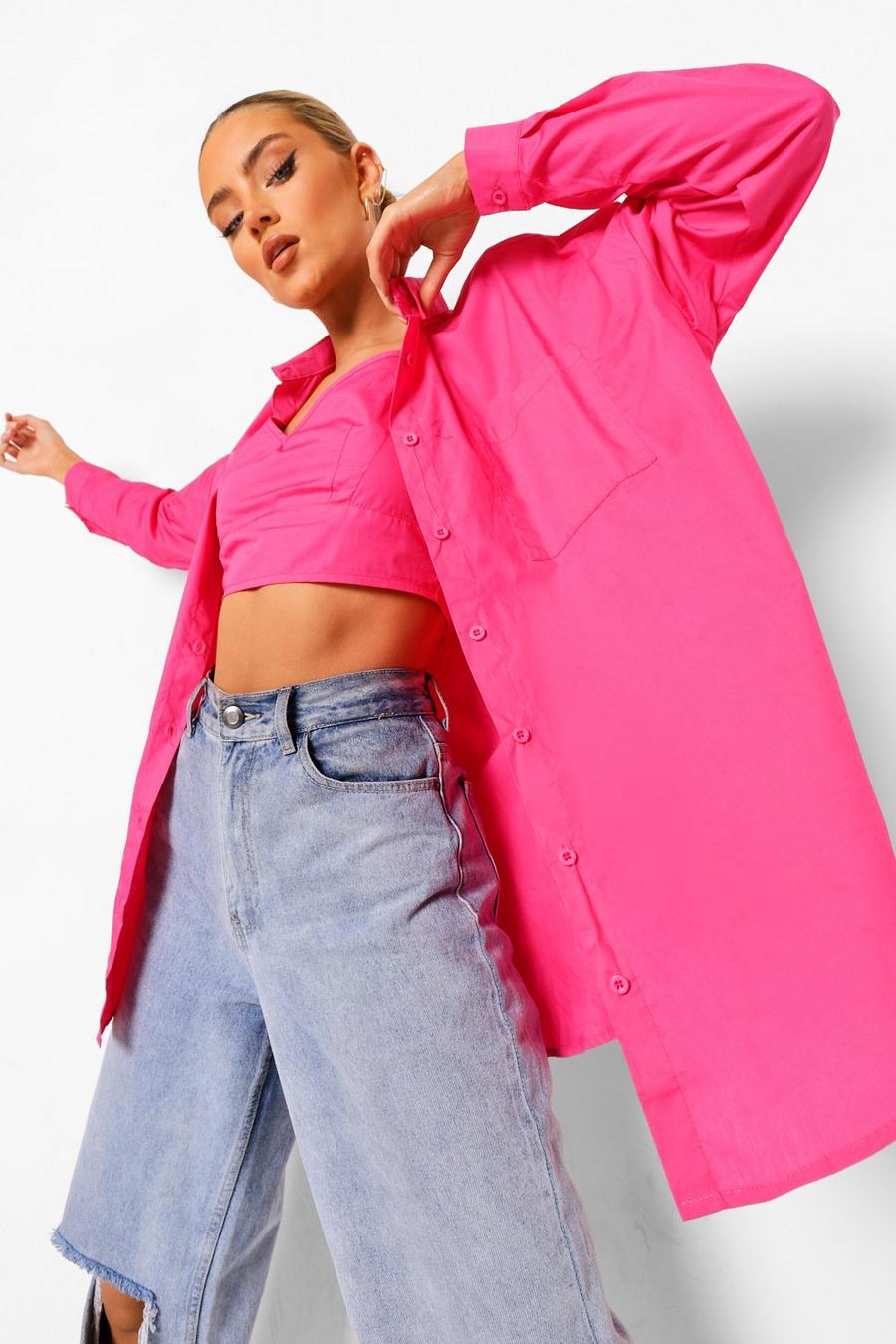 Hot pink Cotton Poplin Bralet And Oversized Shirt Set image number 1