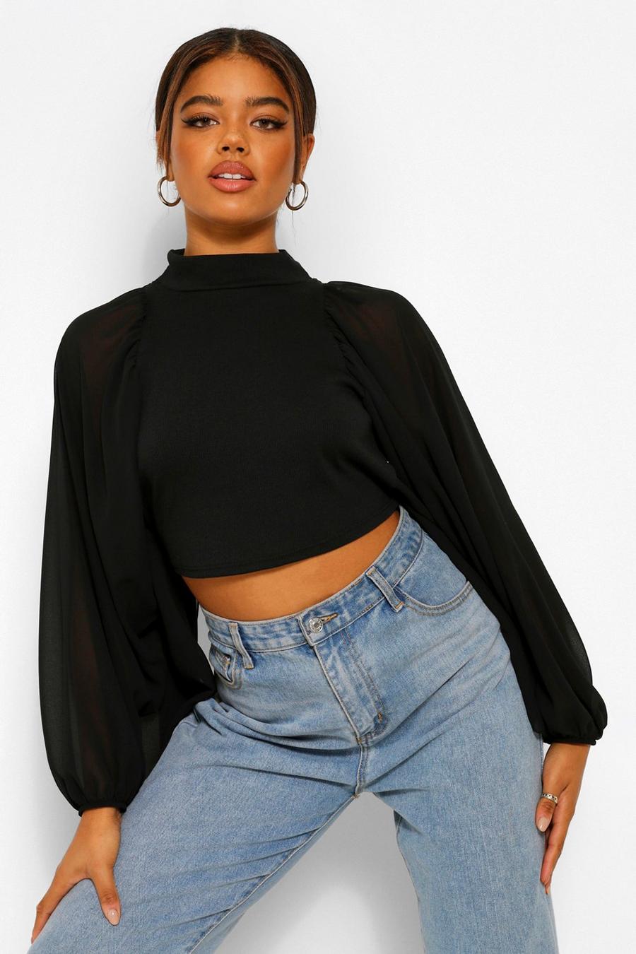 Black Puff Sleeve High Neck Backless Top image number 1