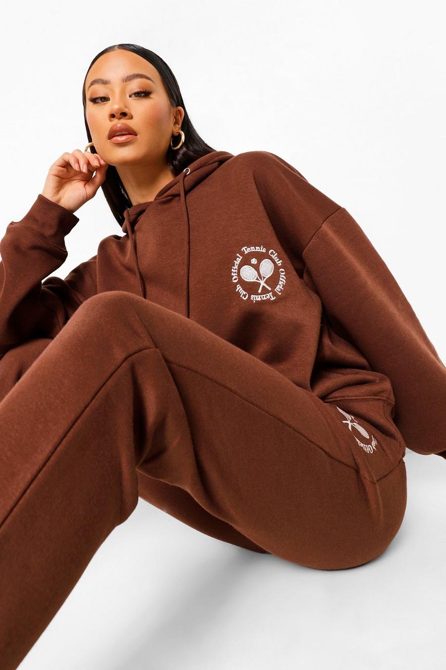 Chocolate brown Oversized Tennis Embroidered Tracksuit image number 1