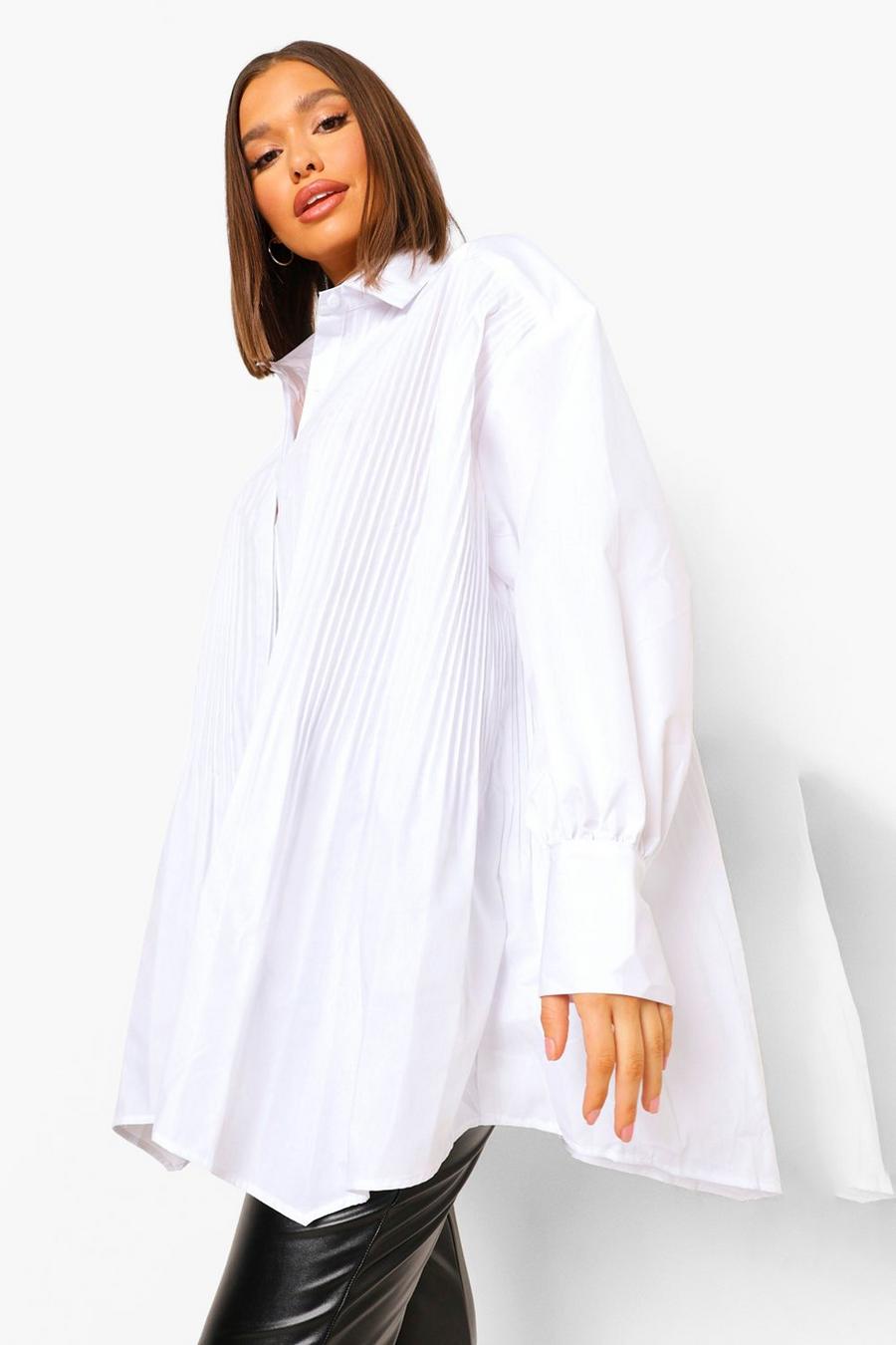 Camicia bianca super oversize con pieghe davanti, Avorio image number 1