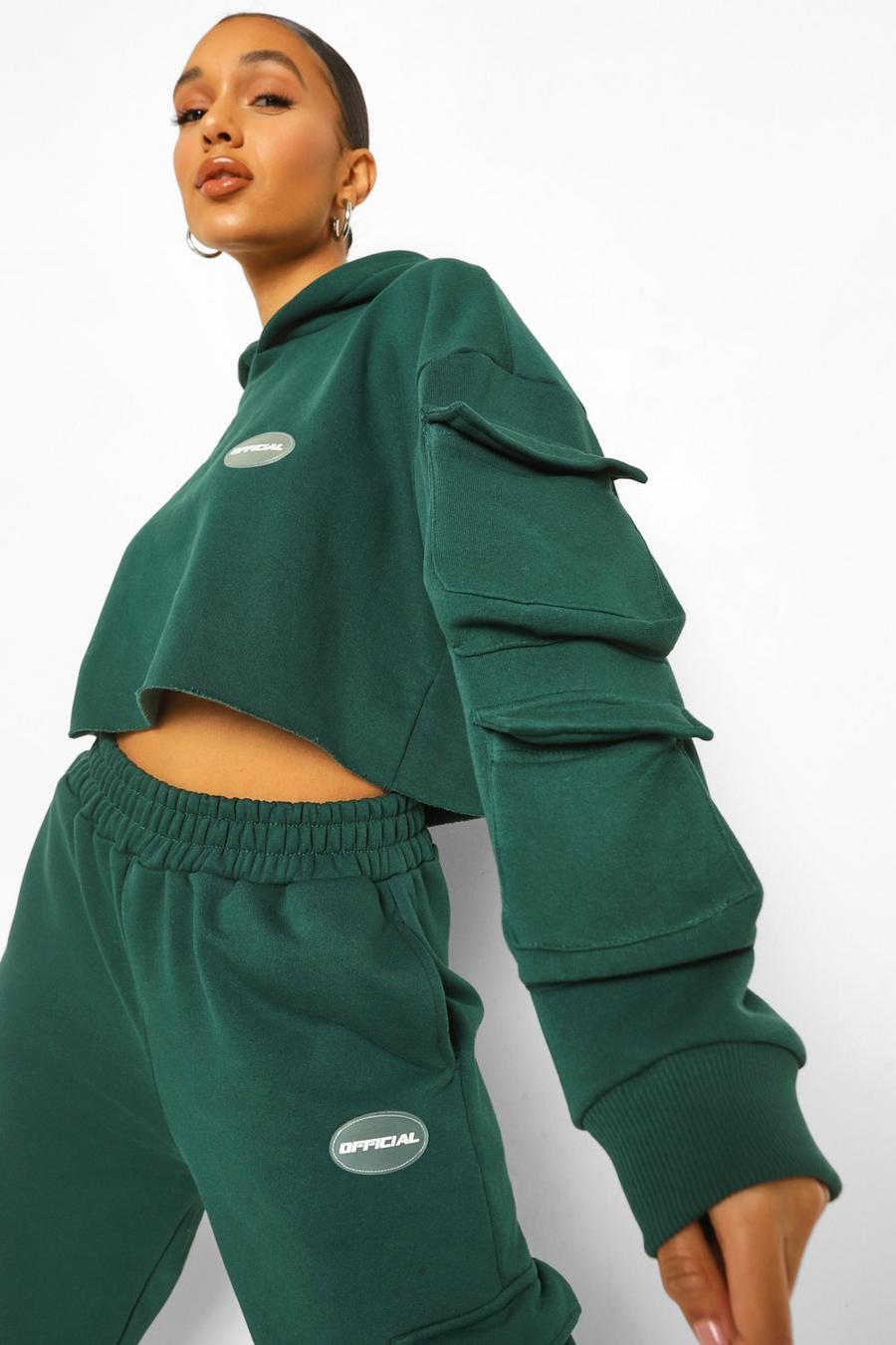 ירוק חליפת טרנינג קרופ בסגנון שימושי עם קפוצ'ון image number 1