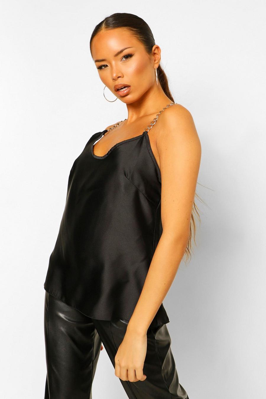 Satin Chain Detail Camisole Black-8 image number 1
