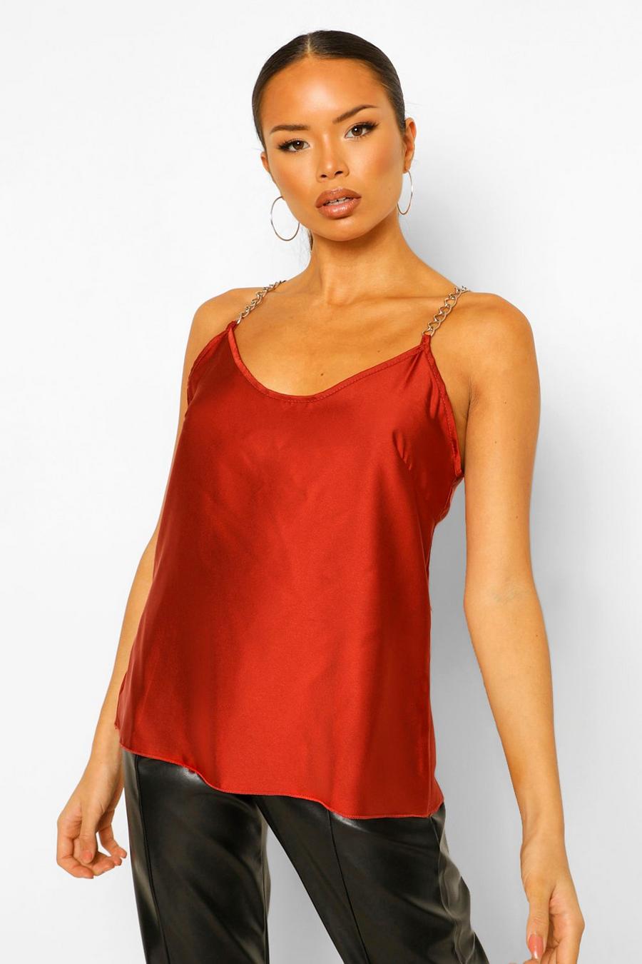 Rust Satin Chain Detail Cami Top Black-8 image number 1