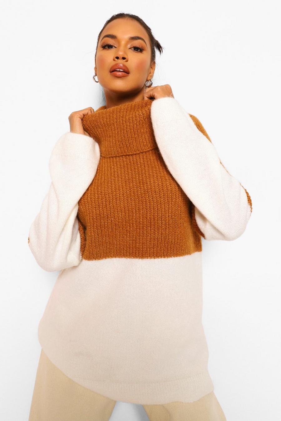 Camel Colour Block Oversized Knitted Sweater image number 1