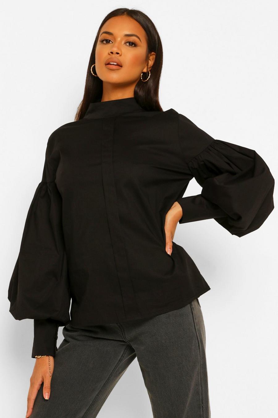 Black High Neck Puff Sleeve Blouse image number 1