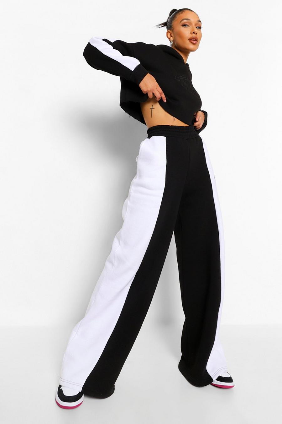 Black Embroidered Colour Block Wide Leg Cropped Tracksuit image number 1