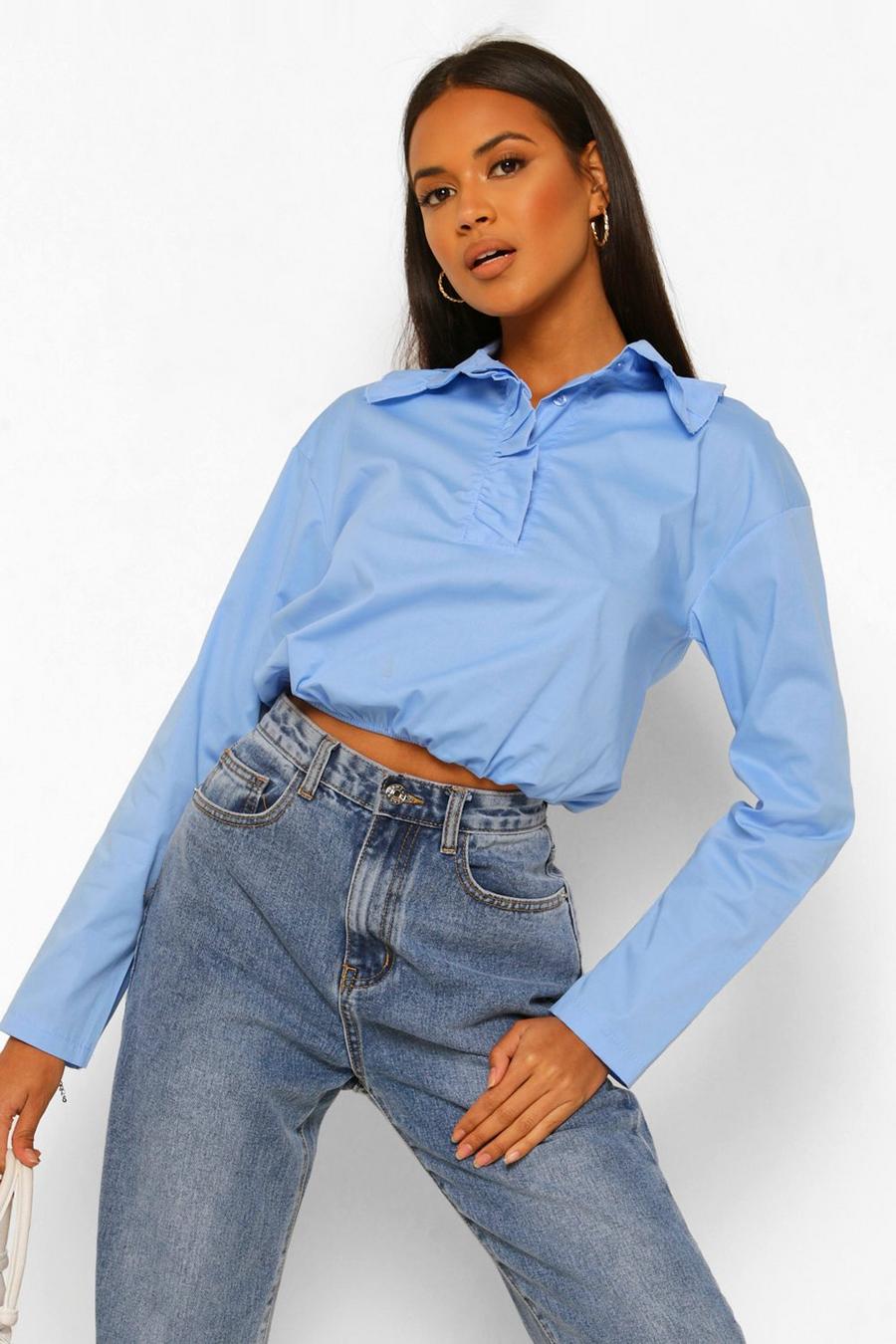 Shirt aus Popeline mit Rüschenrand und Kragendetail, Blassblau image number 1