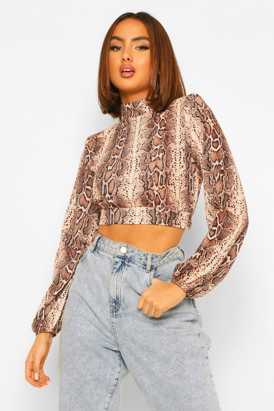 Brown Snake Print Shoulder Pad Detail High Neck Blouse image number 1