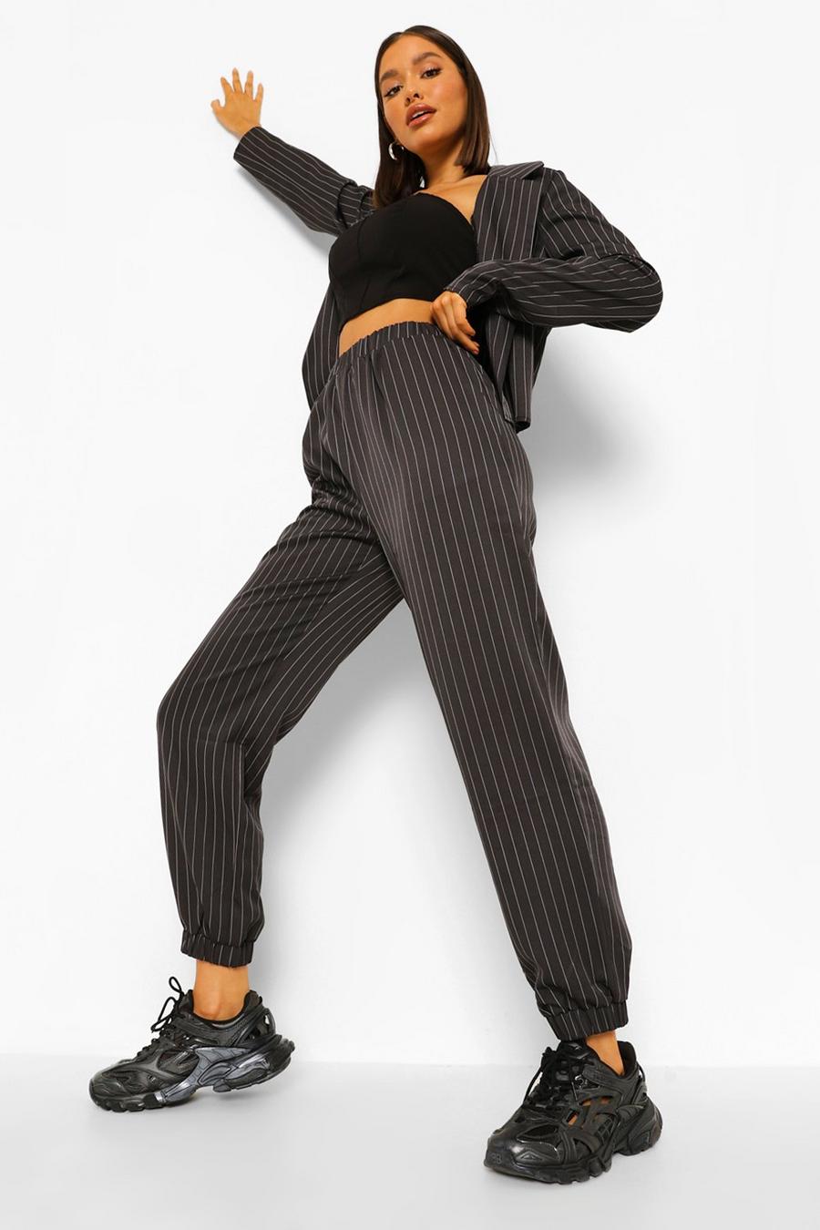 Charcoal Pinstripe Relaxed Cargo Joggers image number 1