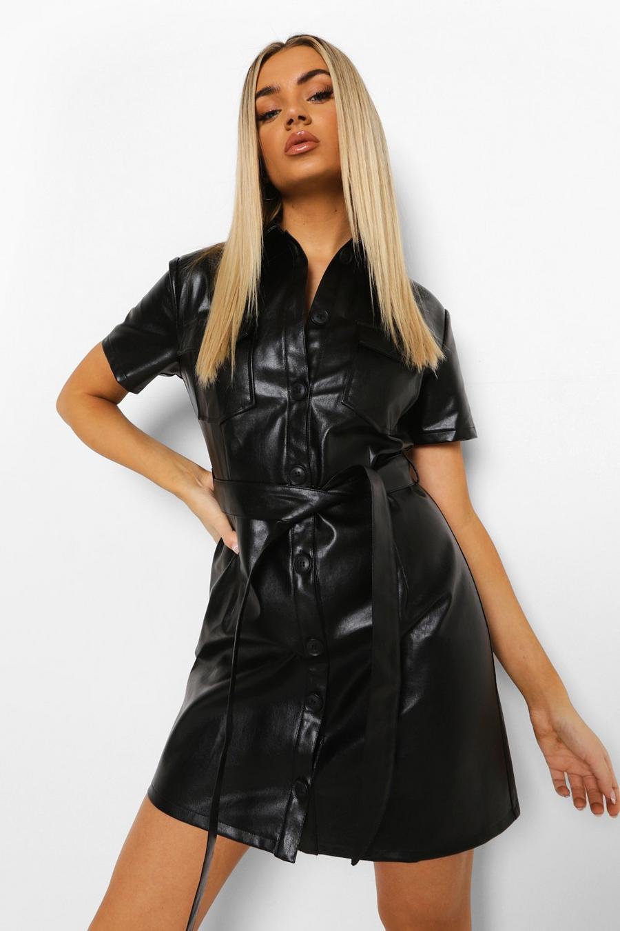 Black Skjortklänning i konstläder med knytskärp och utilitydetaljer image number 1
