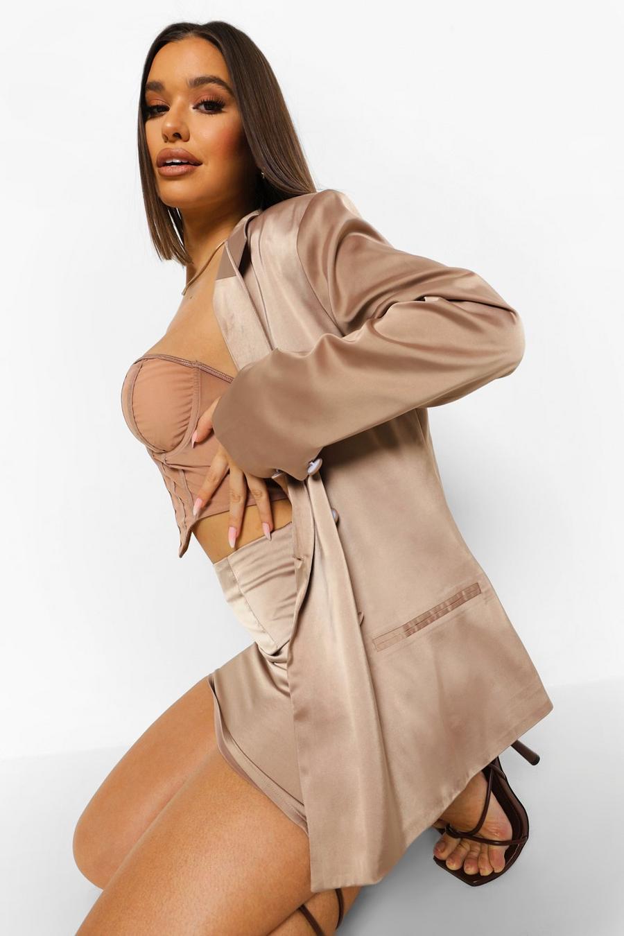 Taupe Satin Double Breasted Blazer image number 1