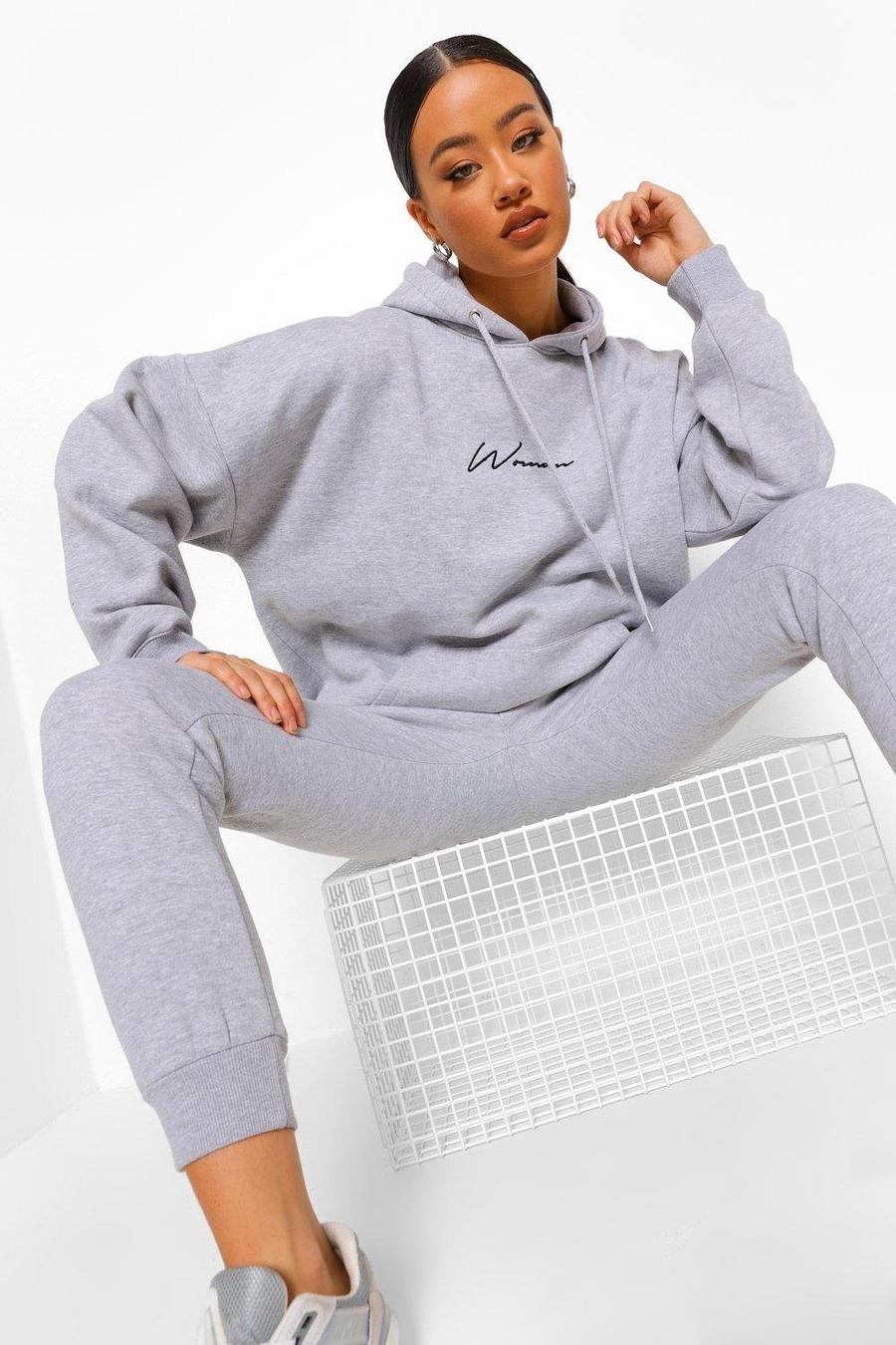 Grey marl Oversized Woman Embroidered Hooded Tracksuit