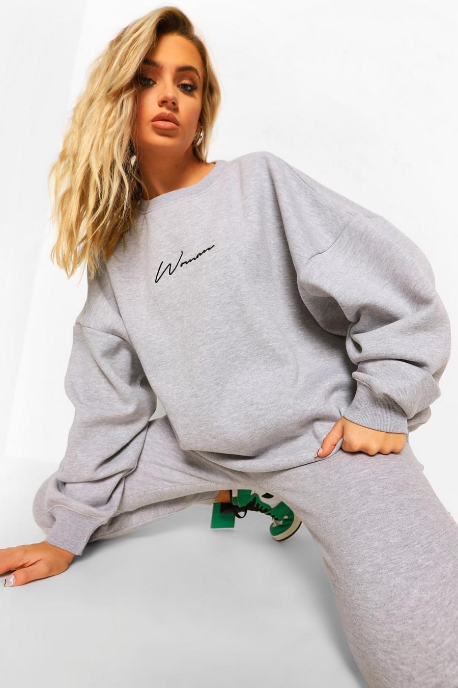 Grey marl Oversized Woman Embroidered Sweater Tracksuit image number 1