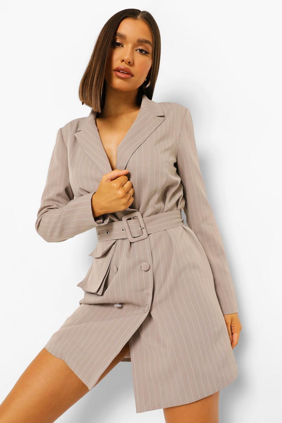 Taupe Pinstripe Double Breasted Utility Blazer Dress image number 1
