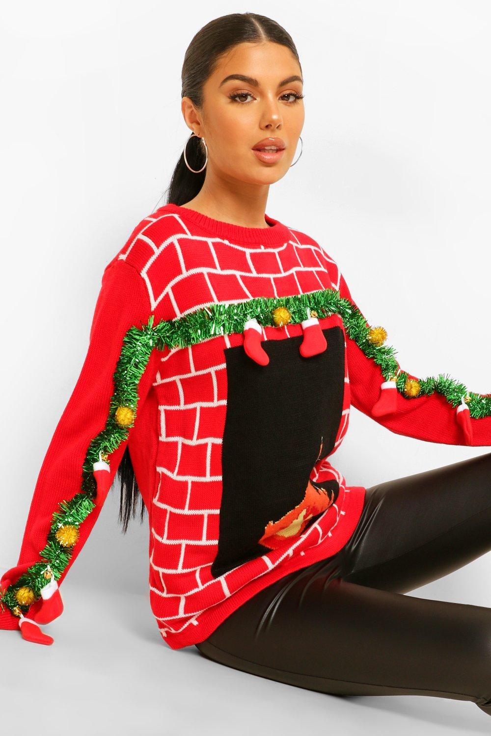 3d Stocking And Tinsel Fireplace Ugly Christmas Jumper