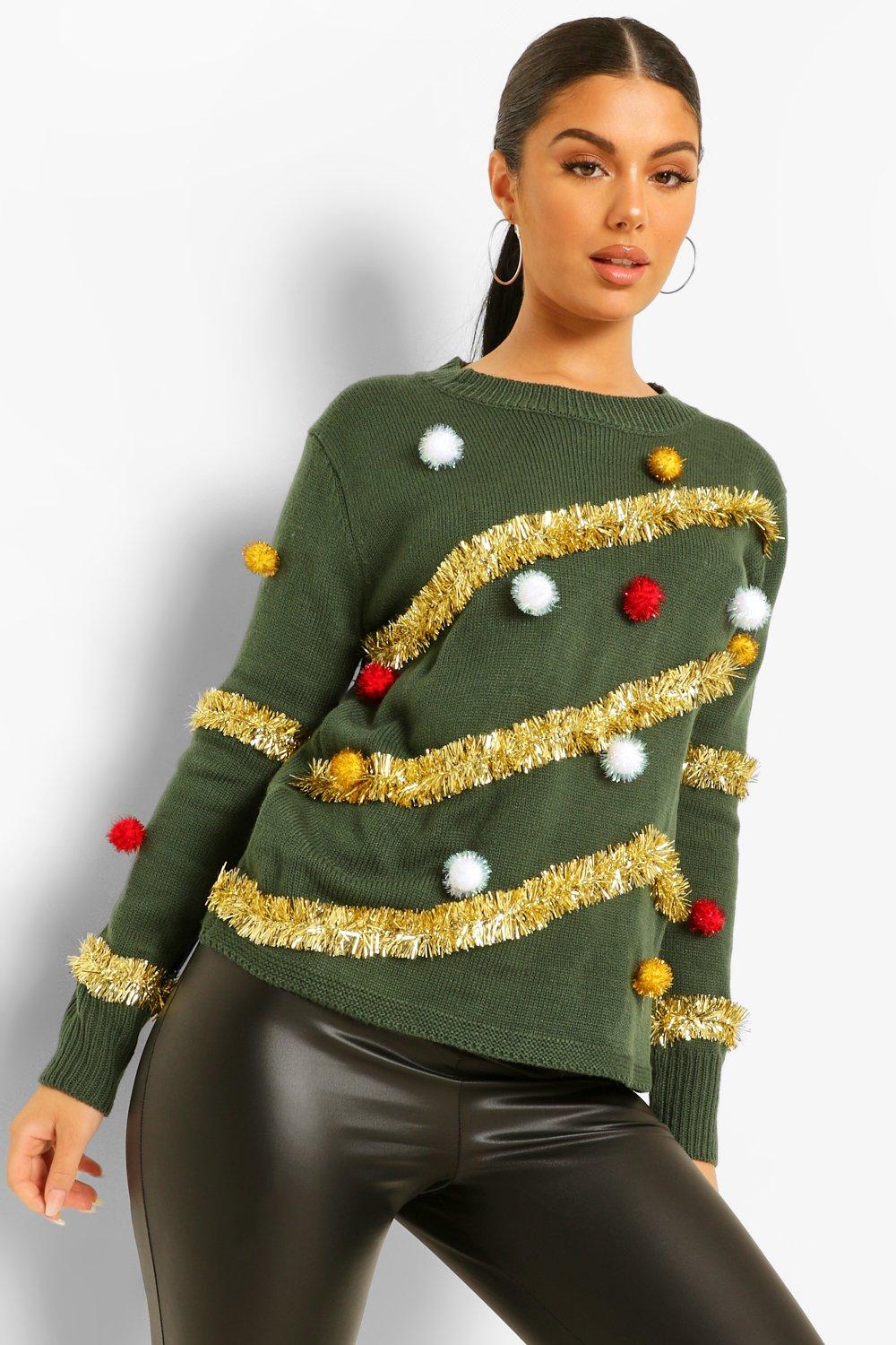 Women's 3d Tinsel Pom Pom Xmas Tree Ugly Christmas Jumper