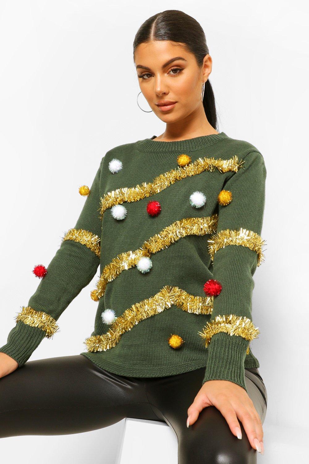 3D Tinsel Pom Pom Xmas Tree Ugly Christmas Sweater