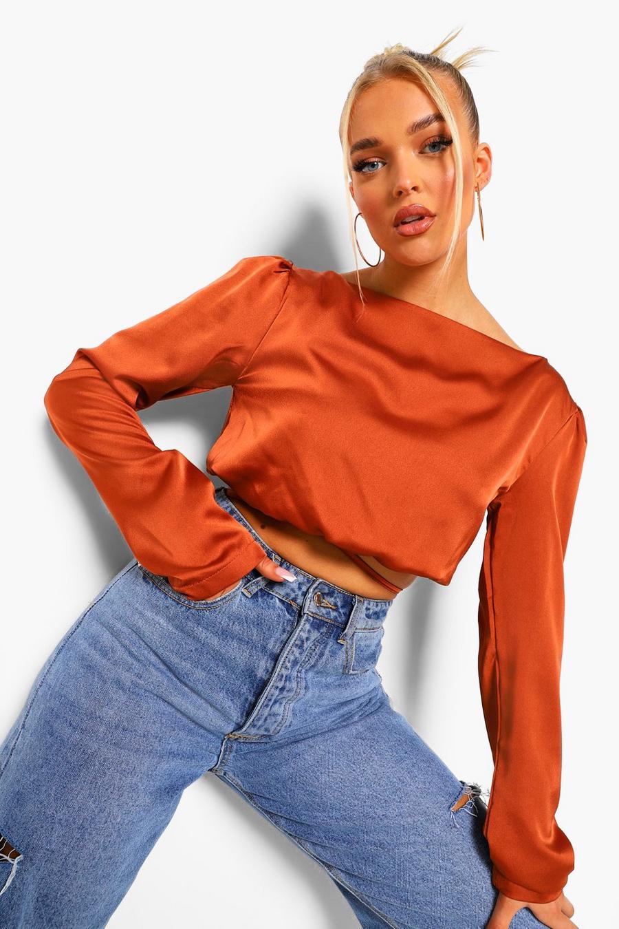 Rust Satin Volume Sleeve Tie Top image number 1