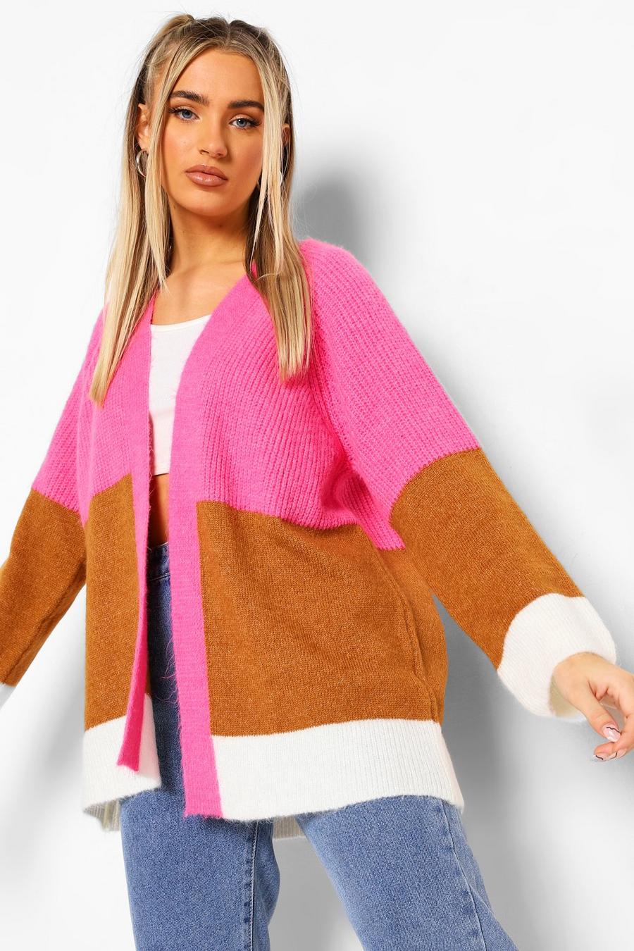 Pink Colour Block Knitted Midi Cardigan image number 1