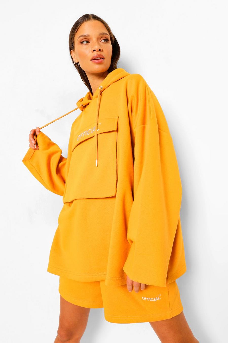 Mustard Oversize hoodie med utilityfickor och slogan image number 1