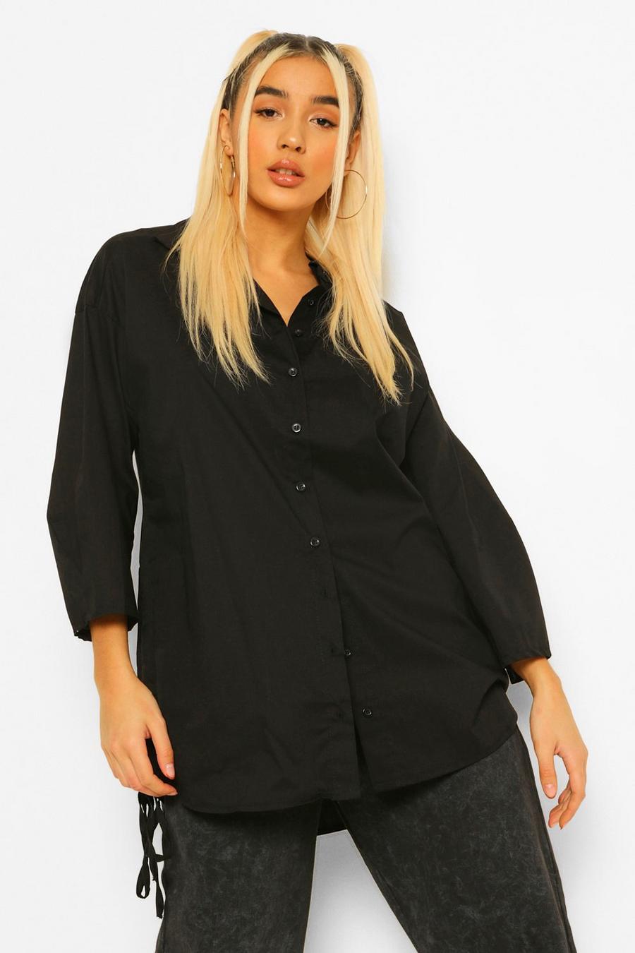 Black Tie Hem Detail Oversized Shirt image number 1