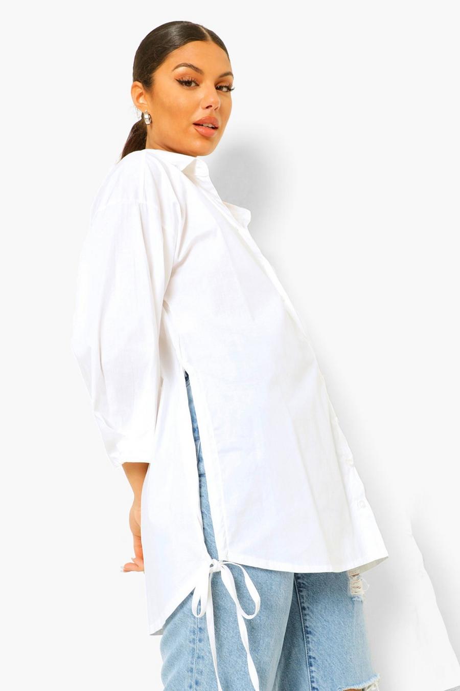 Oversized Shirt mit Saum zum Binden, Weiß image number 1