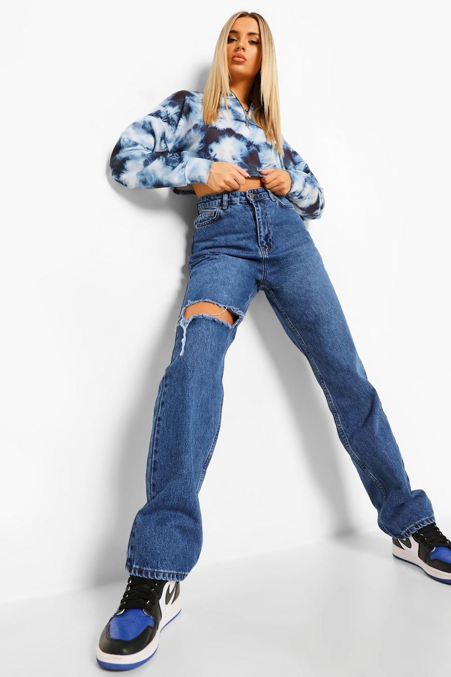 כחול כהה ג'ינס בגזרת בויפרנד עם קרעים בברך image number 1