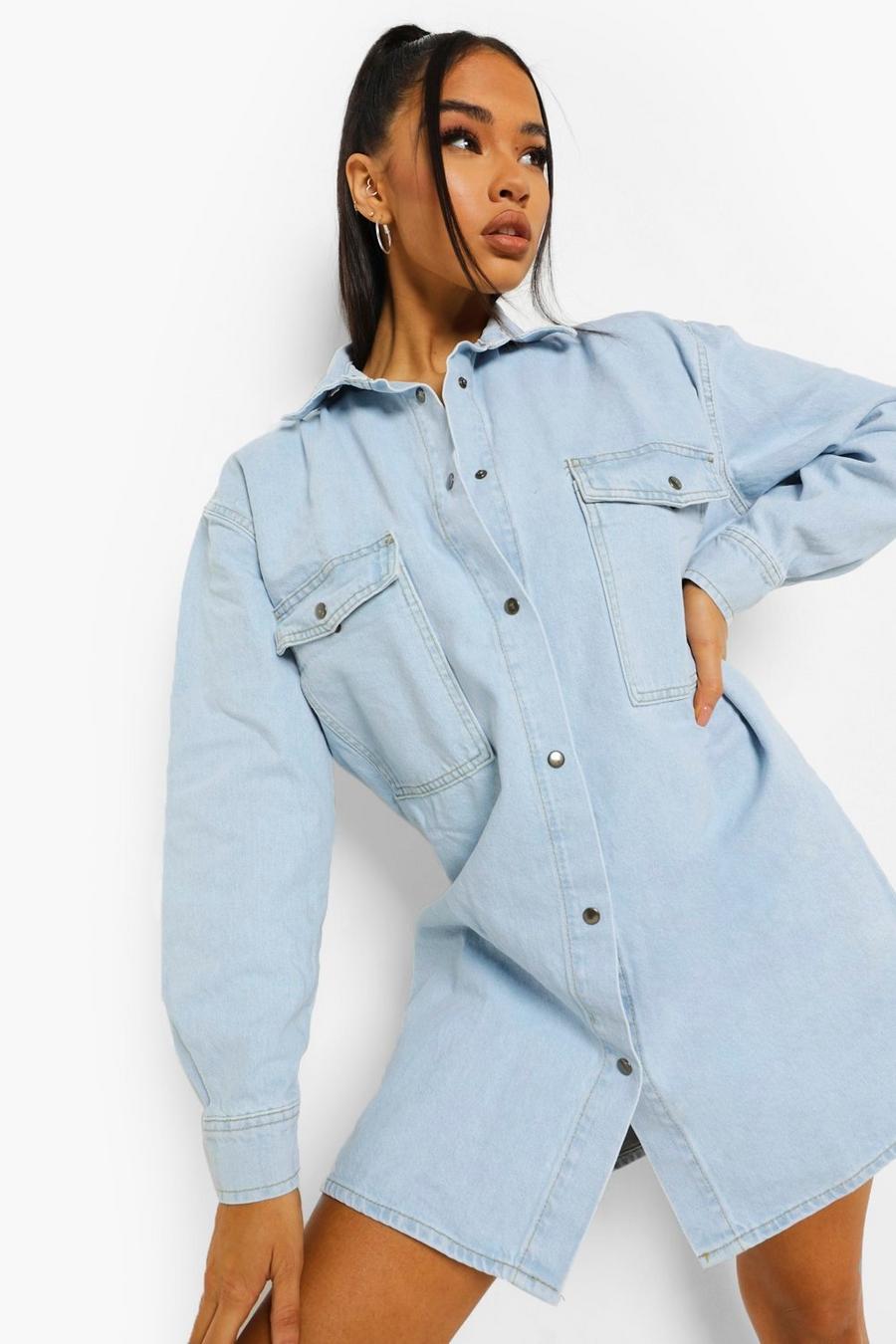 Vintage blue Oversize skjortklänning i vintagestil med fickor image number 1