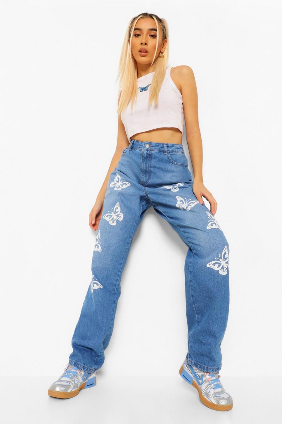 Mid blue All Over Butterfly Straight Leg Jeans image number 1