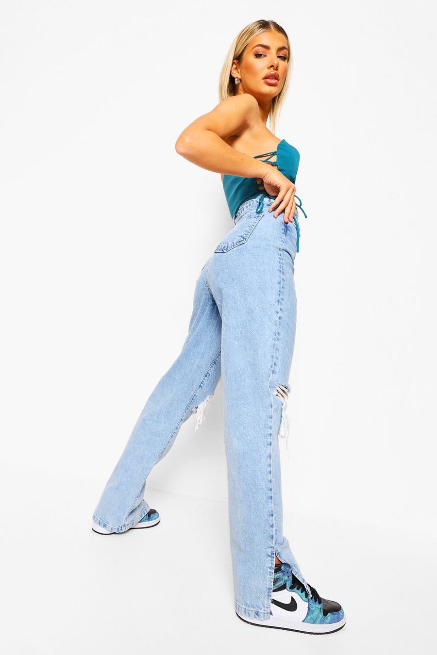 Jeans im Acid-Wash-Look mit zerrissenem Knie und Schlitz , Eisblau image number 1