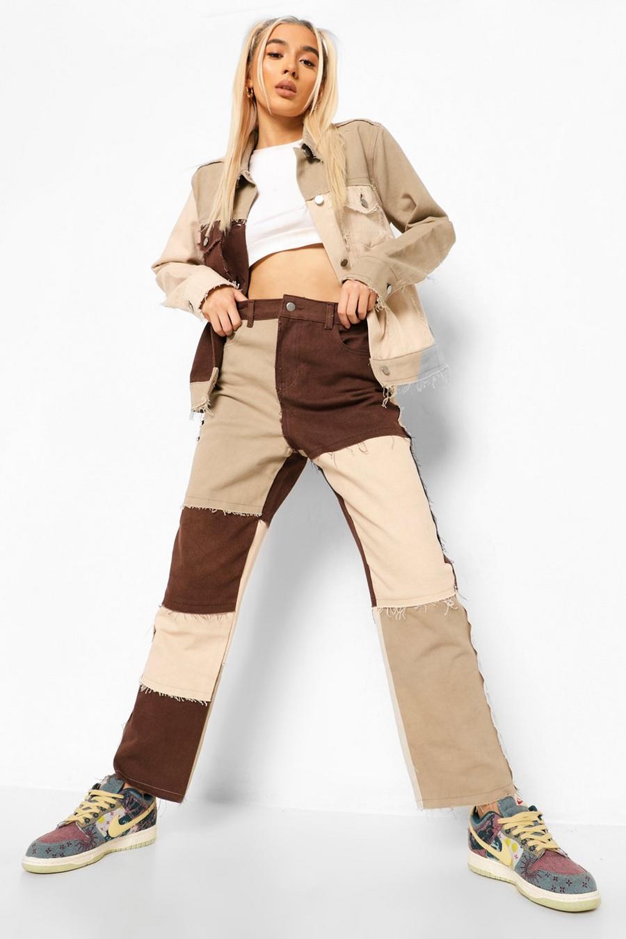Chocolate Patchwork Straight Leg Jeans image number 1