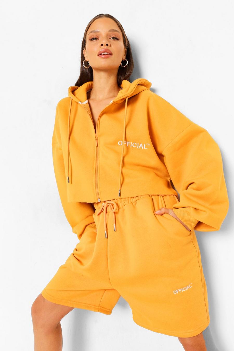 Mustard Oversize kort hoodie med slogan och dragkedja image number 1