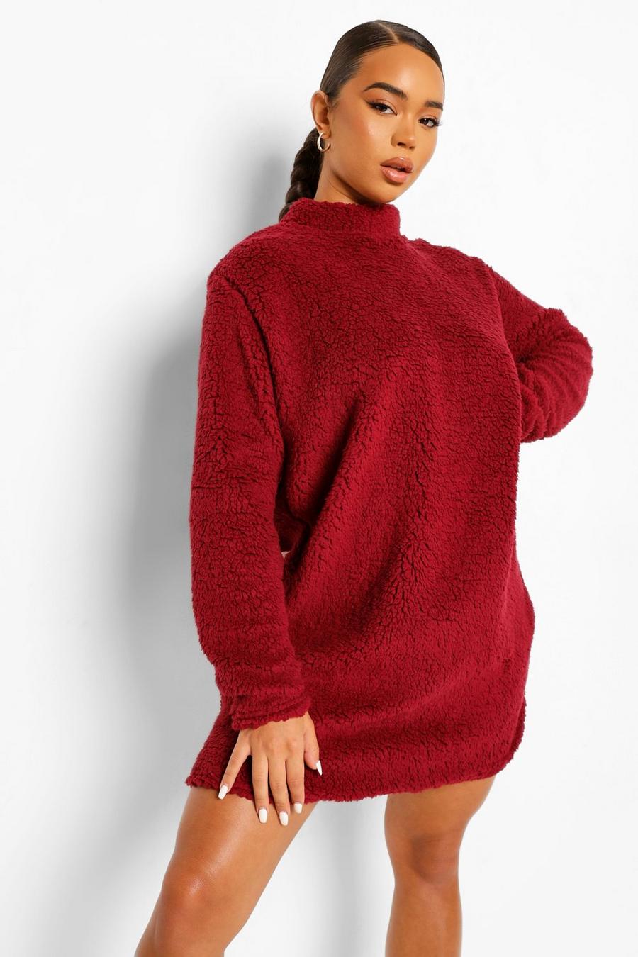Berry Sweatshirtklänning med hög krage i teddy image number 1