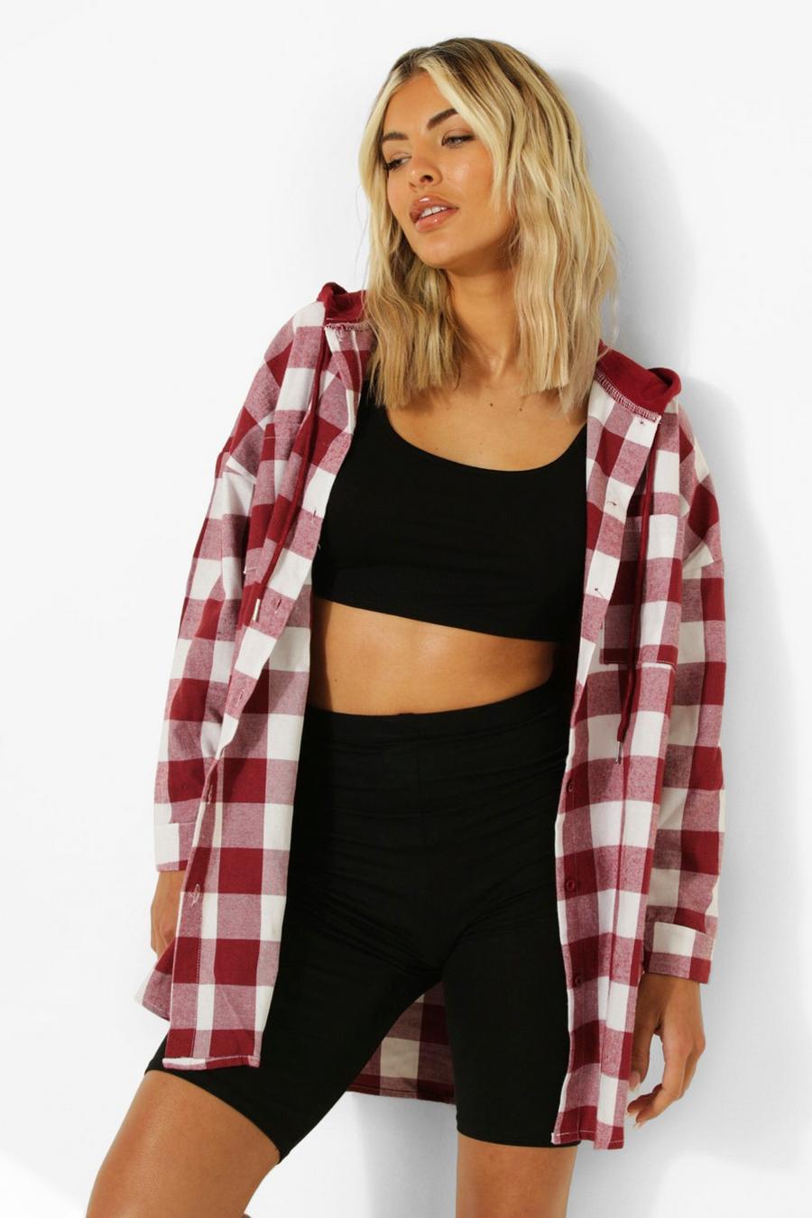 Berry Hooded Oversized Check Shirt image number 1