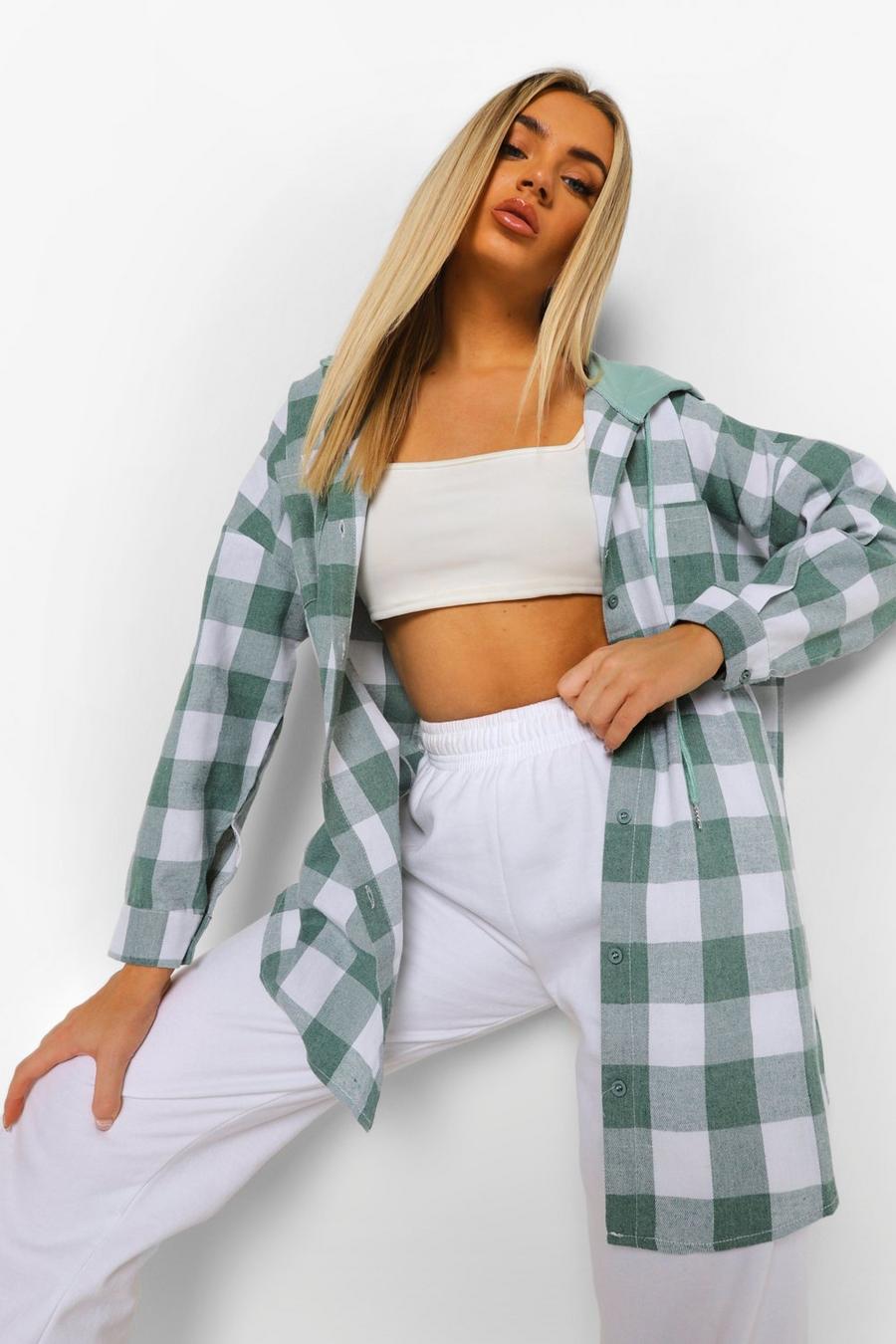 Green Hooded Oversized Check Shirt image number 1