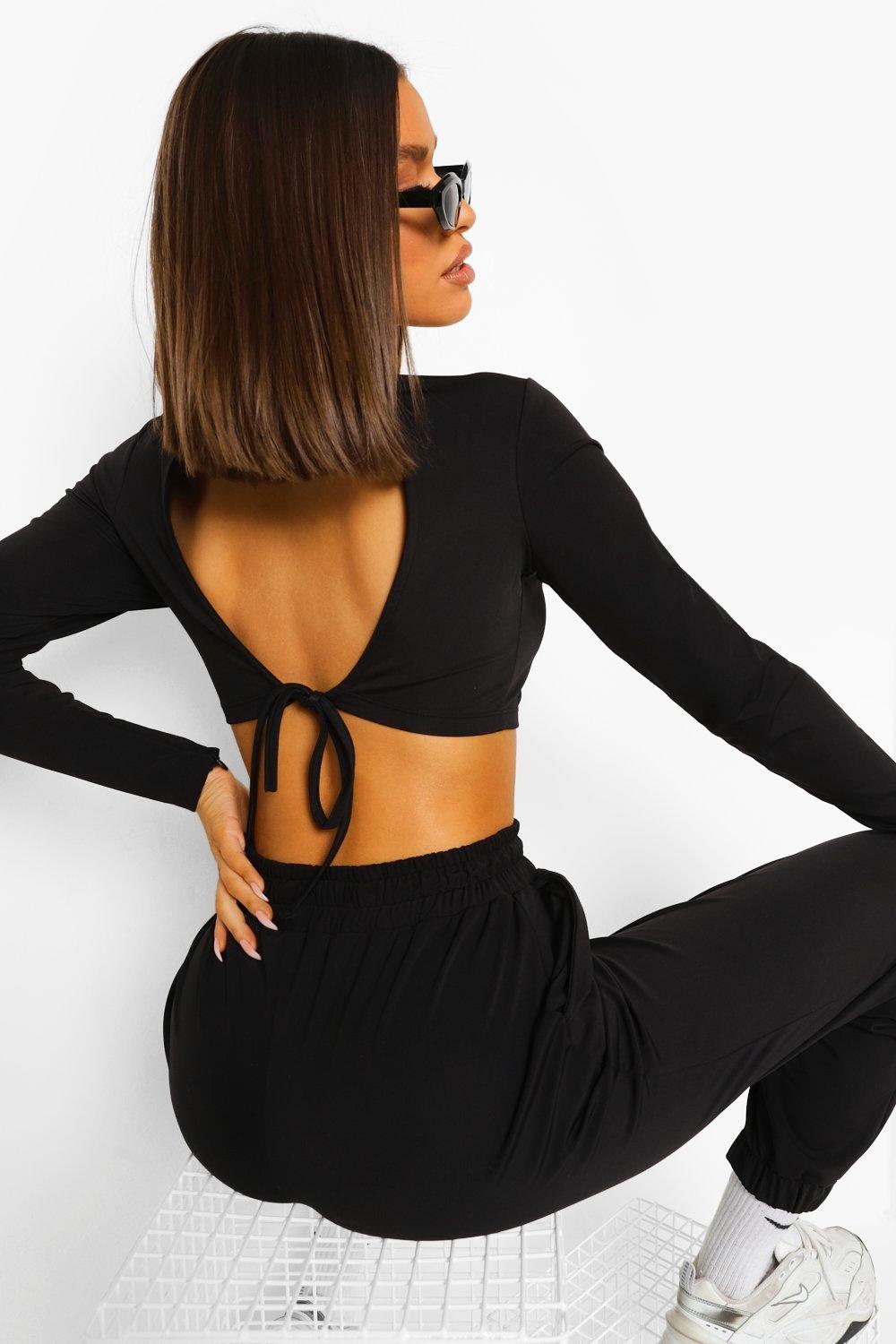 Black Tie Back Active Crop Top