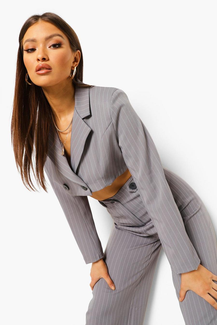 Grey Pinstripe Cropped Boxy Blazer image number 1