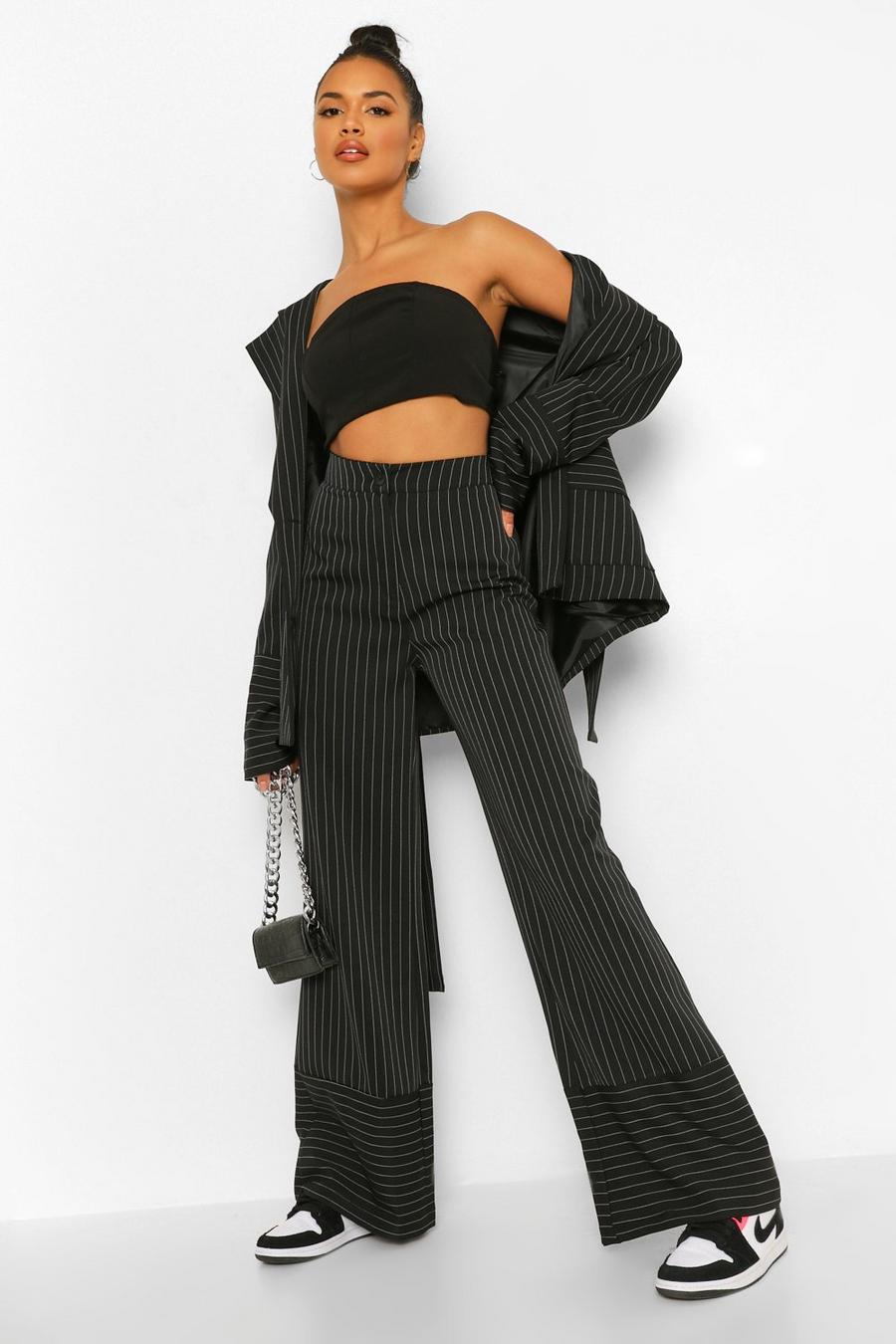 Black Pinstripe Contrast Cuff Wide Leg Trouser image number 1