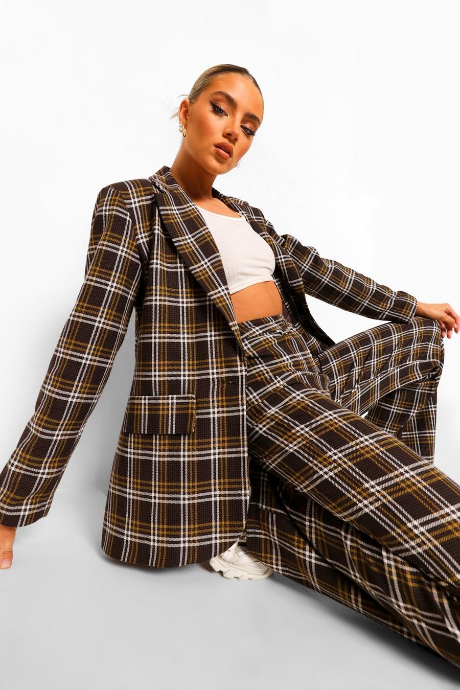 Chocolate brown Tonal Checked Oversized Dad Blazer image number 1