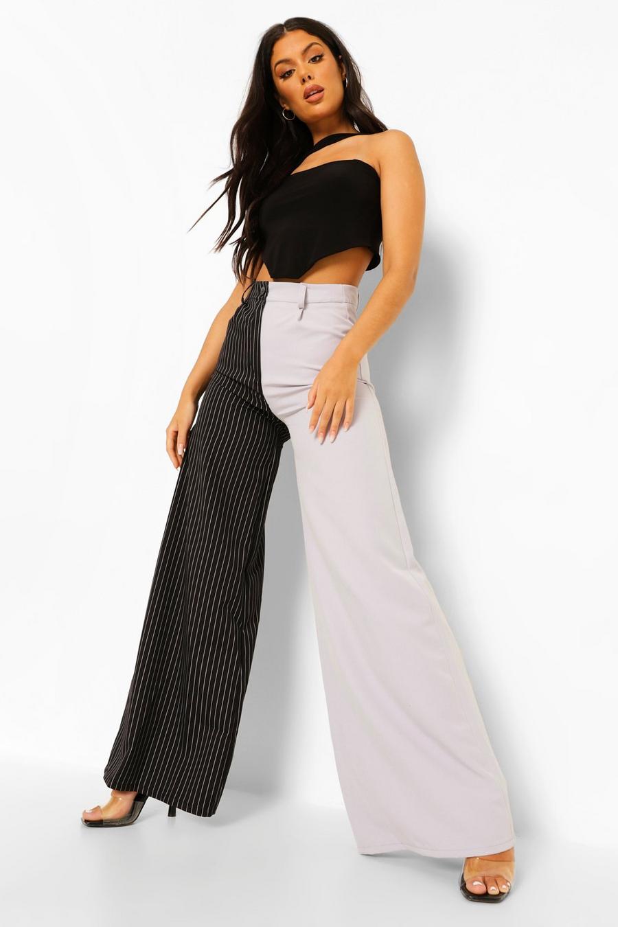Grey Pinstripe Contrast Wide Leg Trousers image number 1