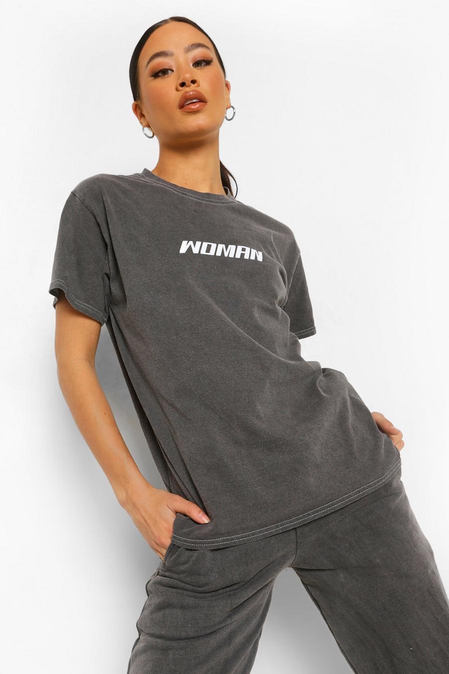 T-Shirt in Übergröße im Acid-Wash-Look mit „Woman“-Print, Schwarz image number 1
