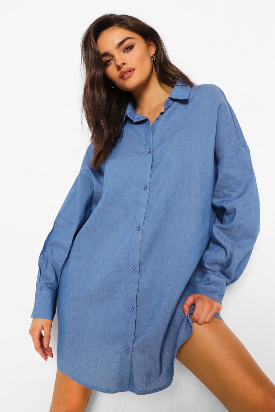 Mid blue Oversize skjortklänning i chambray image number 1