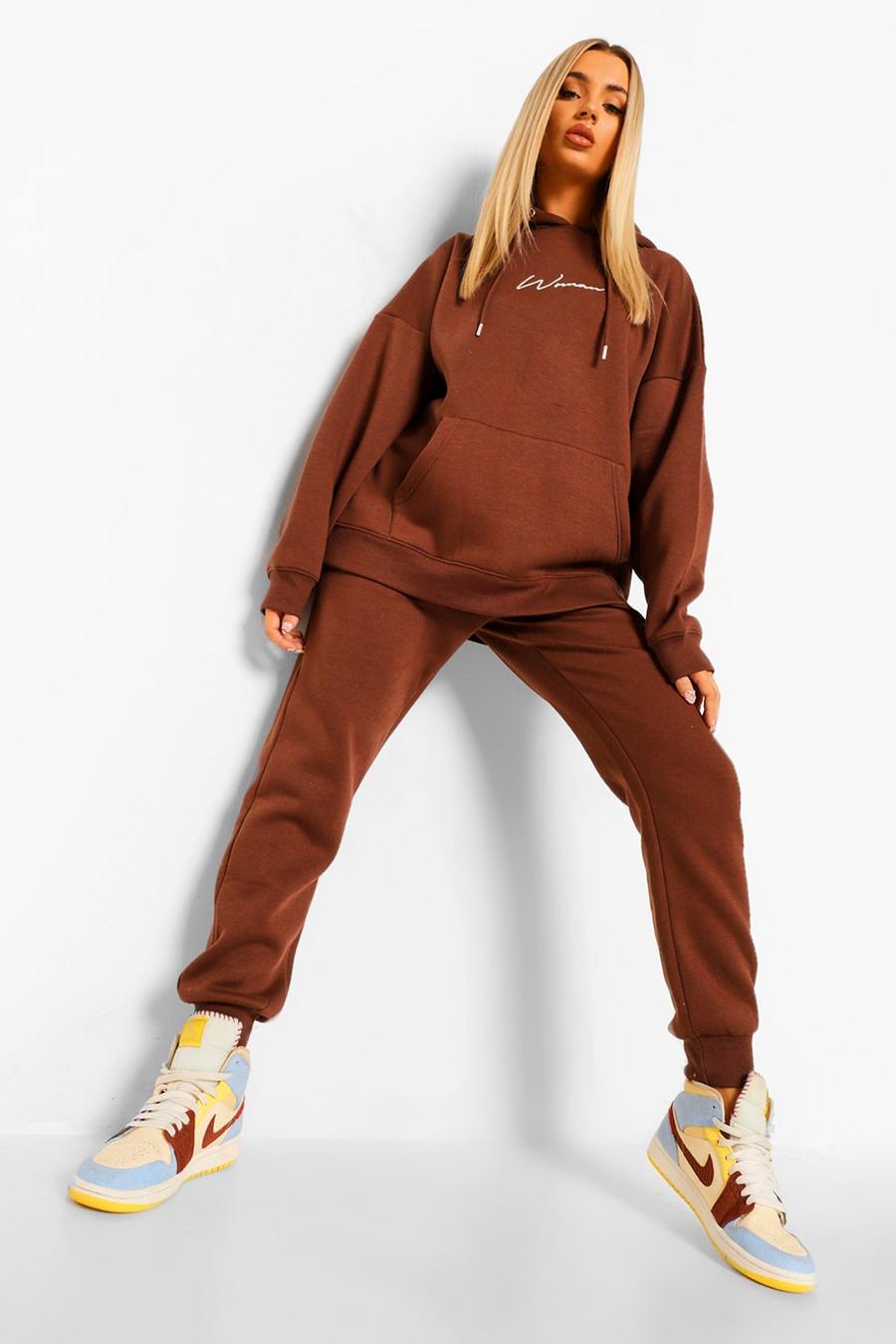 Chocolate Oversized Woman Embroidered Hooded Tracksuit image number 1