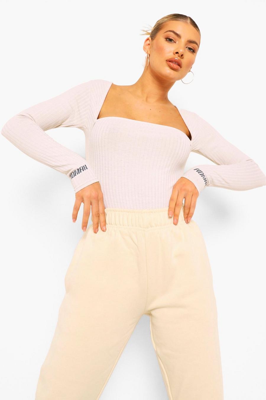 Cream Woman Acid Wash Gebleekte Bodysuit Met Manchette Opdruk image number 1