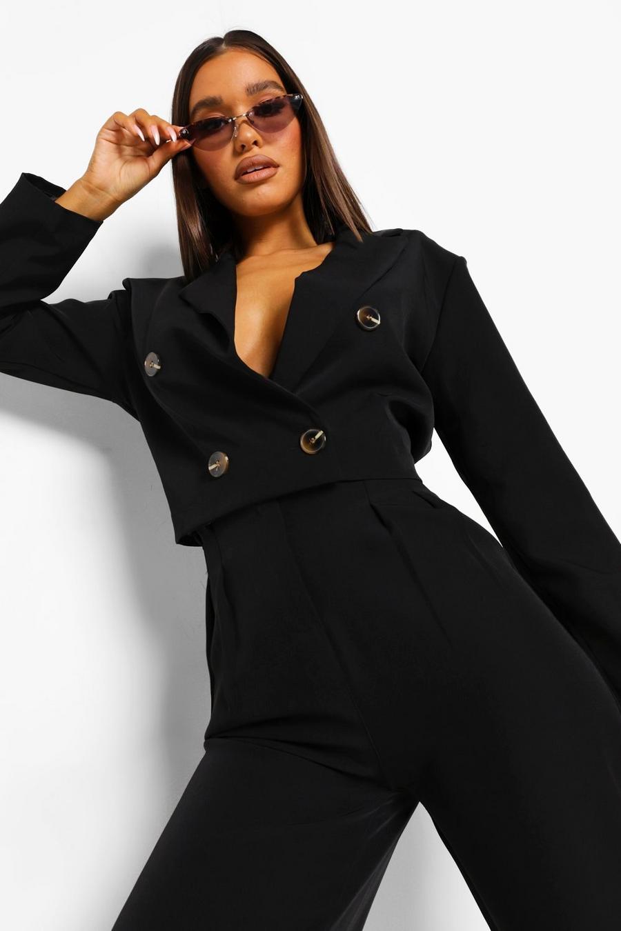 Black Double Breasted Oversized Cropped Blazer image number 1