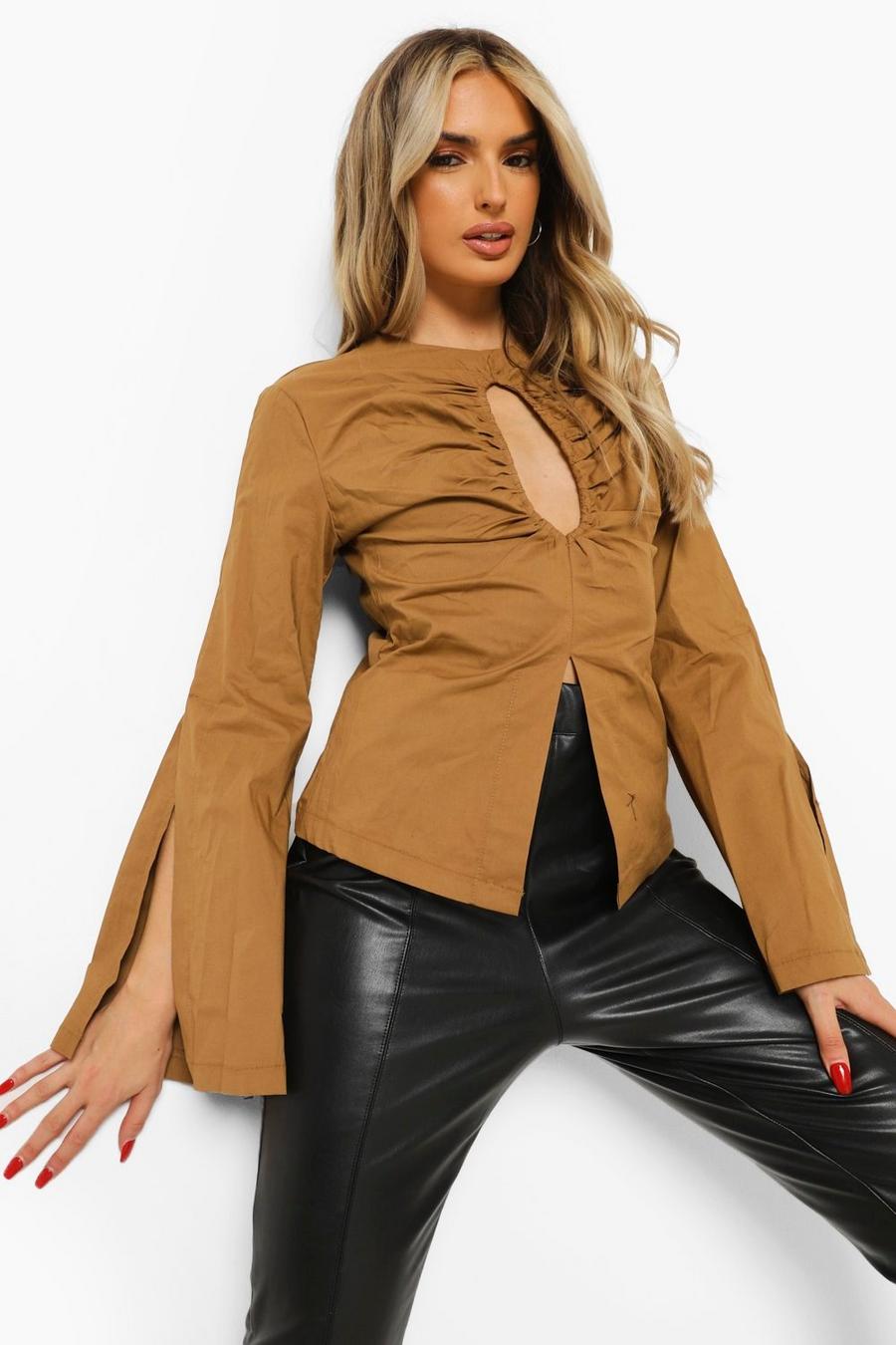 Khaki Cut Out Split Sleeve Top image number 1