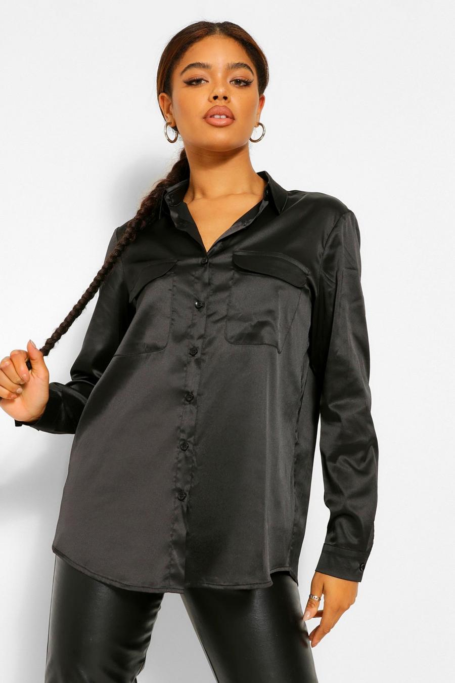 Black Satin Utlility Pocket Detail Shirt image number 1